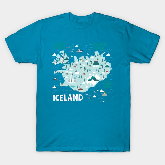 Iceland Illustrated Map T-Shirt by JunkyDotCom